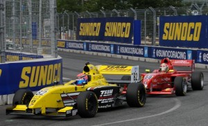 Hawksworth and Karam battling in the Star Mazda race in Baltimore